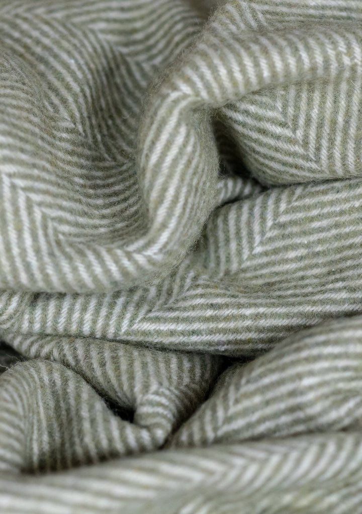 Recycled Wool Waterproof Picnic Blanket in Olive Herringbone