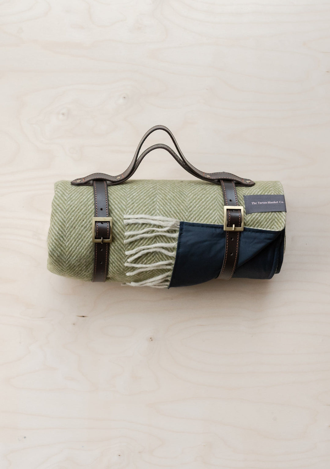 Recycled Wool Waterproof Picnic Blanket in Olive Herringbone