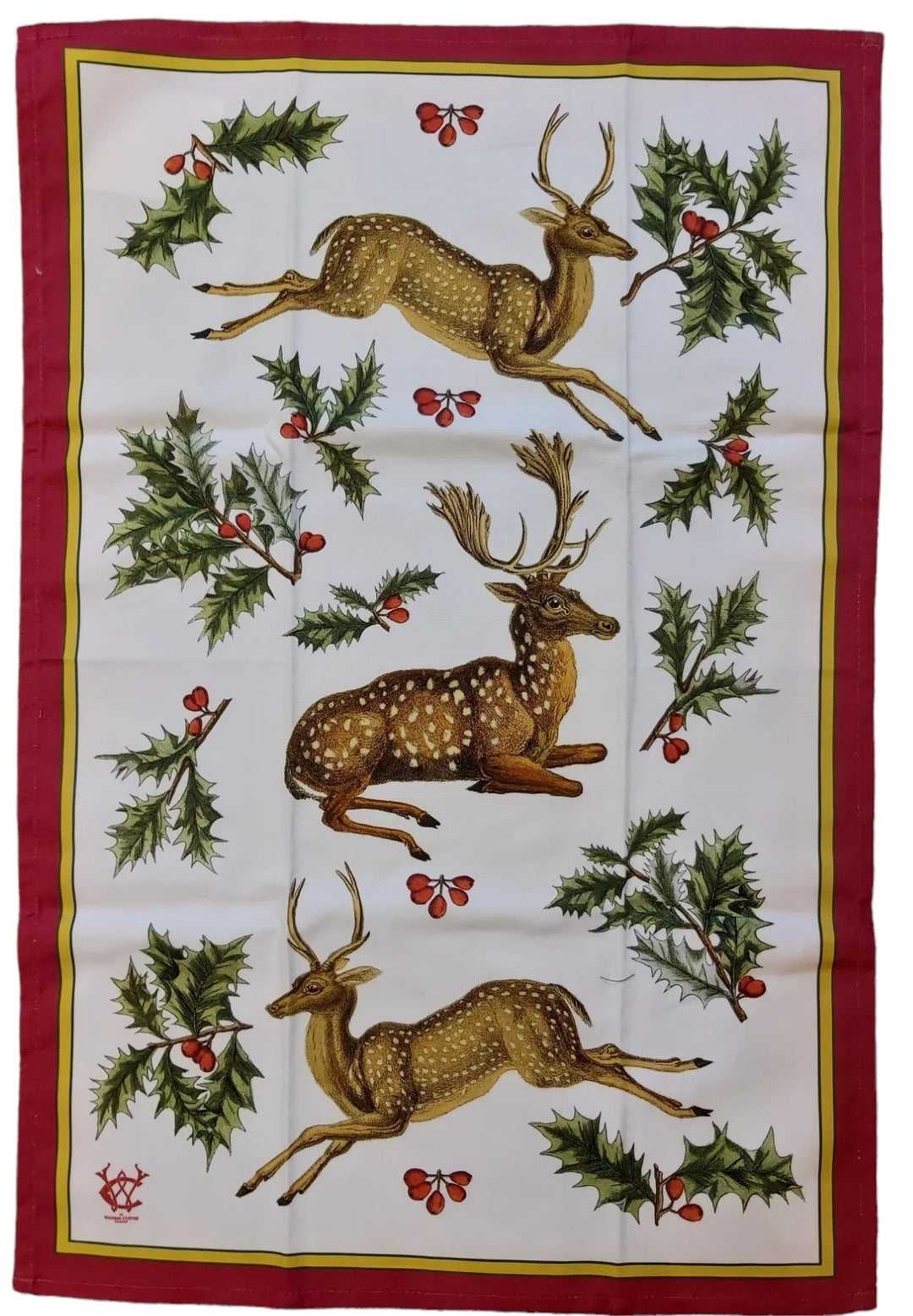 Deer & Holly Antique Illustration Tea Towel